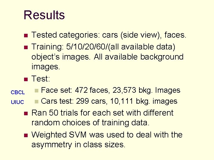 Results n n n CBCL UIUC n n Tested categories: cars (side view), faces.
