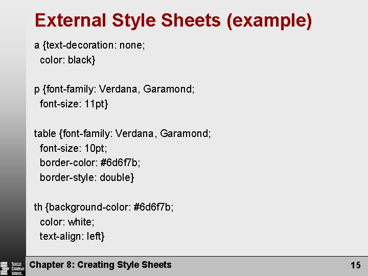 External Style Sheets (example) a {text-decoration: none; color: black} p {font-family: Verdana, Garamond; font-size:
