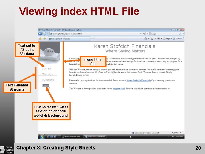 Viewing index HTML File Text set to 12 -point Verdana menu. html file Text