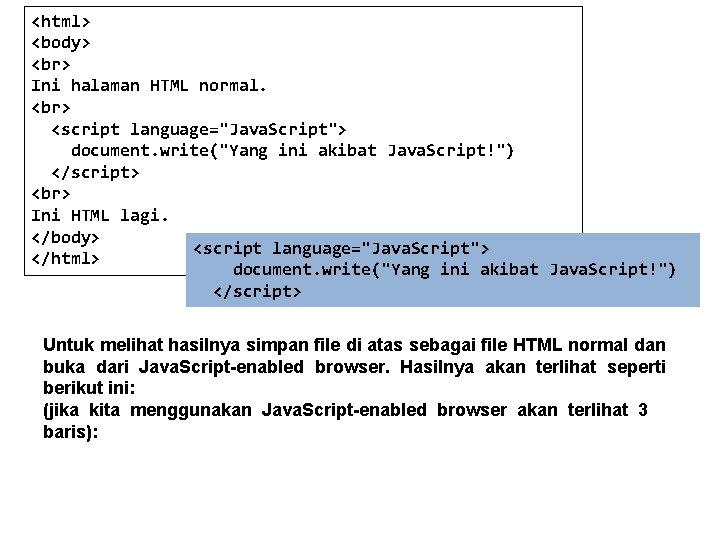 <html> <body> Ini halaman HTML normal. <script language="Java. Script"> document. write("Yang ini akibat Java.