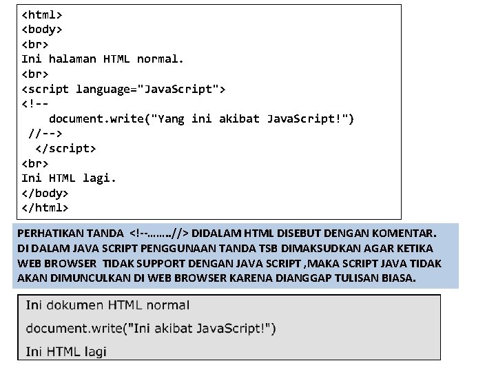 <html> <body> Ini halaman HTML normal. <script language="Java. Script"> <!-document. write("Yang ini akibat Java.