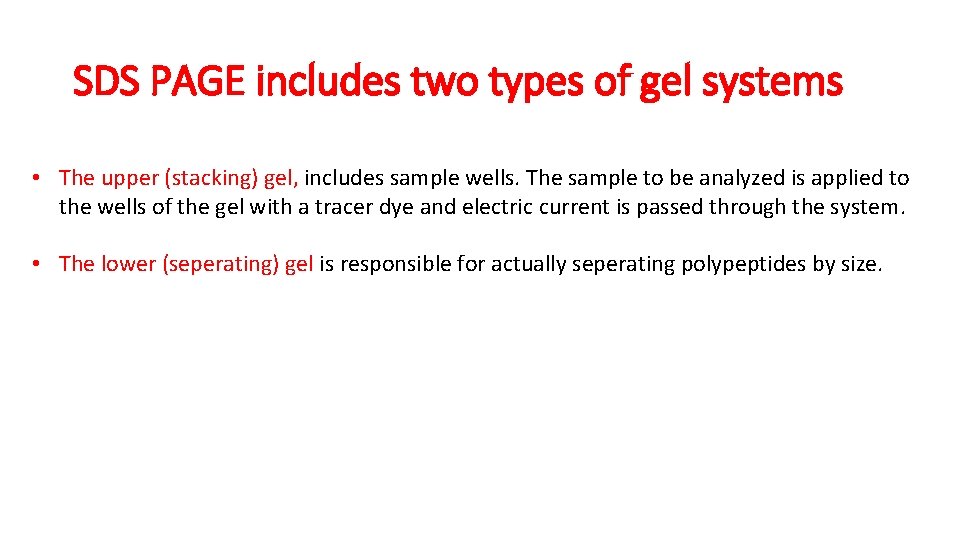 SDS PAGE includes two types of gel systems • The upper (stacking) gel, includes