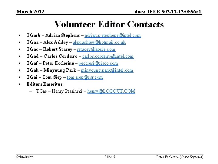 March 2012 doc. : IEEE 802. 11 -12/0586 r 1 Volunteer Editor Contacts •