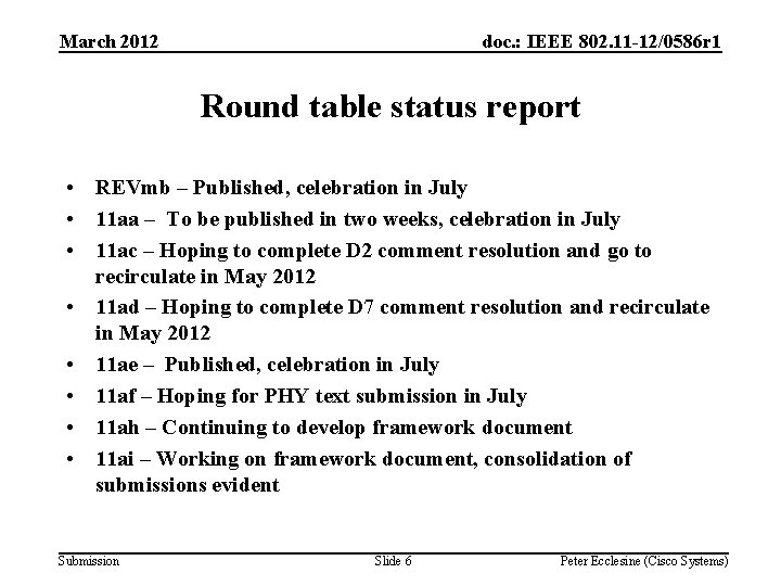 March 2012 doc. : IEEE 802. 11 -12/0586 r 1 Round table status report