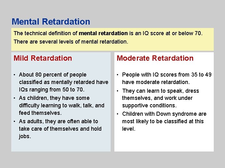 Mental Retardation The technical definition of mental retardation is an IQ score at or