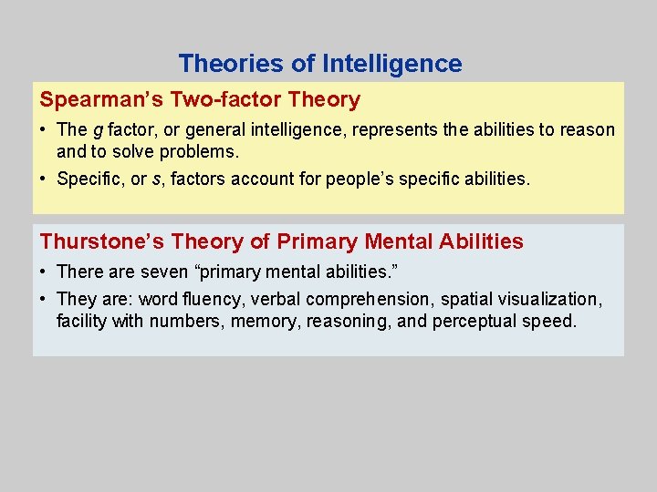 Theories of Intelligence Spearman’s Two-factor Theory • The g factor, or general intelligence, represents