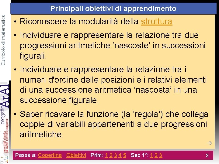 Curricolo di matematica Principali obiettivi di apprendimento • Riconoscere la modularità della struttura. •