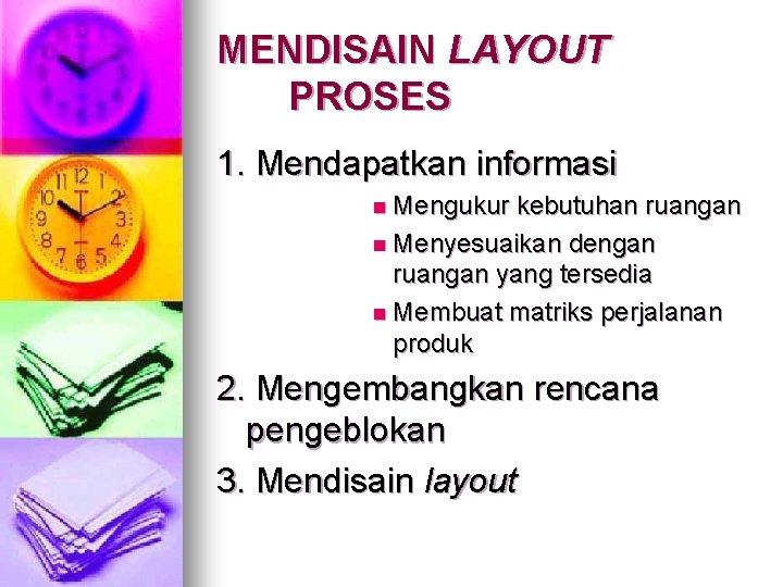 MENDISAIN LAYOUT PROSES 1. Mendapatkan informasi n Mengukur kebutuhan ruangan n Menyesuaikan dengan ruangan