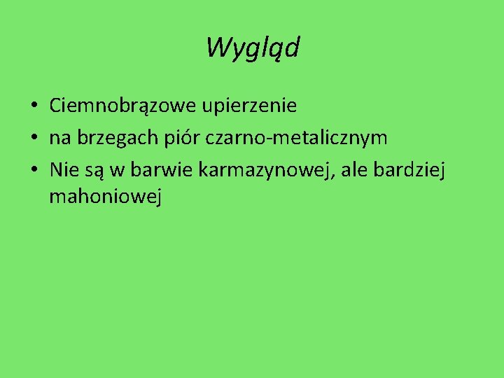 Wygląd • Ciemnobrązowe upierzenie • na brzegach piór czarno-metalicznym • Nie są w barwie