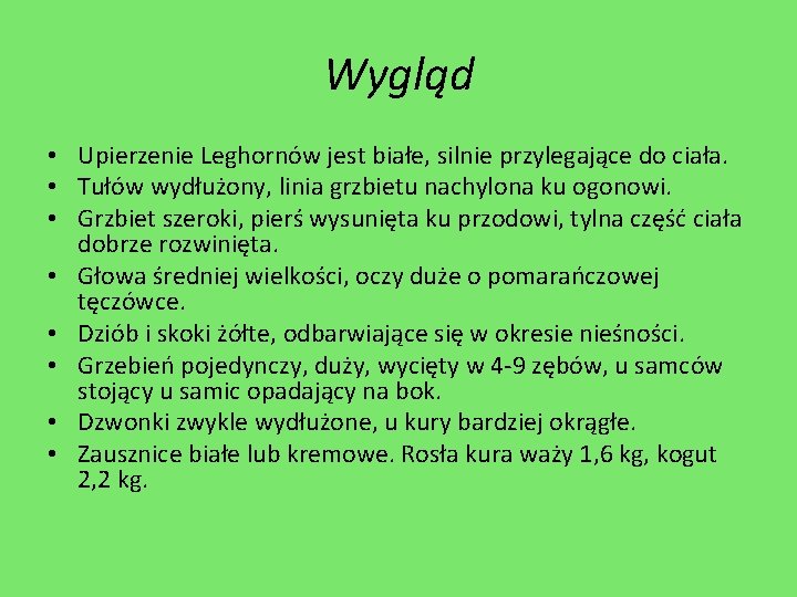 Wygląd • Upierzenie Leghornów jest białe, silnie przylegające do ciała. • Tułów wydłużony, linia