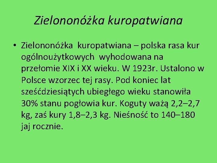 Zielononóżka kuropatwiana • Zielononóżka kuropatwiana – polska rasa kur ogólnoużytkowych wyhodowana na przełomie XIX