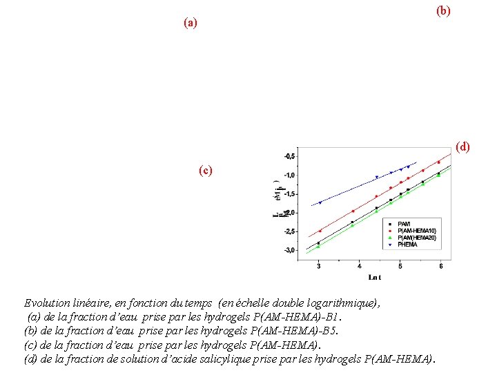 (b) (a) (d) (c) Evolution linéaire, en fonction du temps (en échelle double logarithmique),