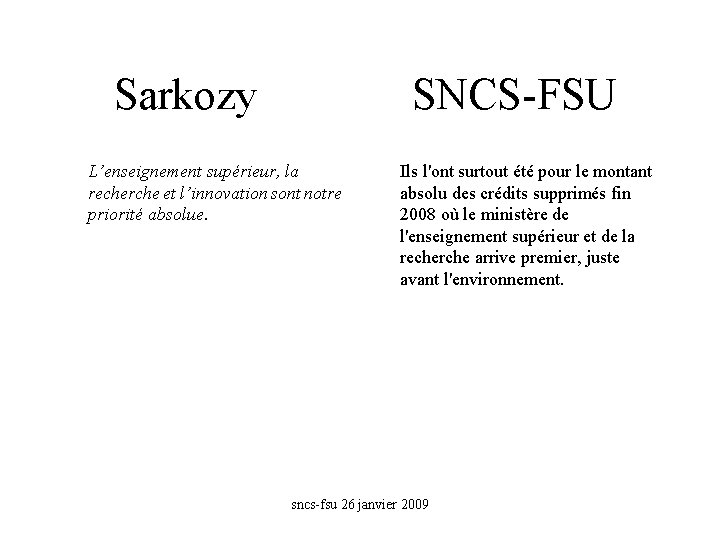 Sarkozy SNCS-FSU L’enseignement supérieur, la recherche et l’innovation sont notre priorité absolue. Ils l'ont