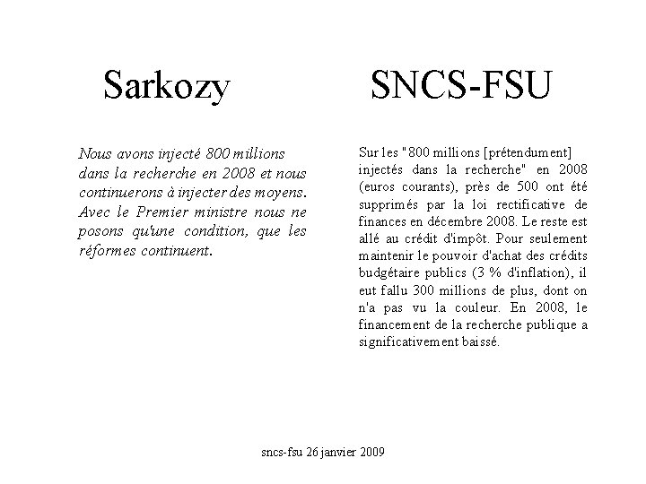 Sarkozy SNCS-FSU Nous avons injecté 800 millions dans la recherche en 2008 et nous