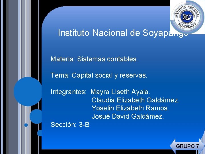 Instituto Nacional de Soyapango Materia: Sistemas contables. Tema: Capital social y reservas. Integrantes: Mayra