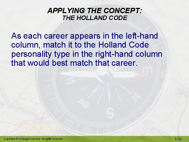 APPLYING THE CONCEPT: THE HOLLAND CODE As each career appears in the left-hand column,