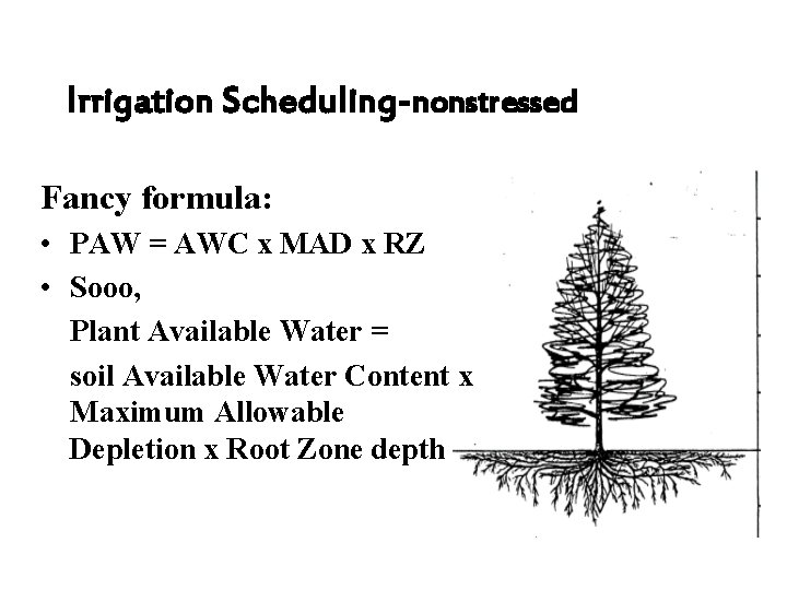 Irrigation Scheduling-nonstressed Fancy formula: • PAW = AWC x MAD x RZ • Sooo,