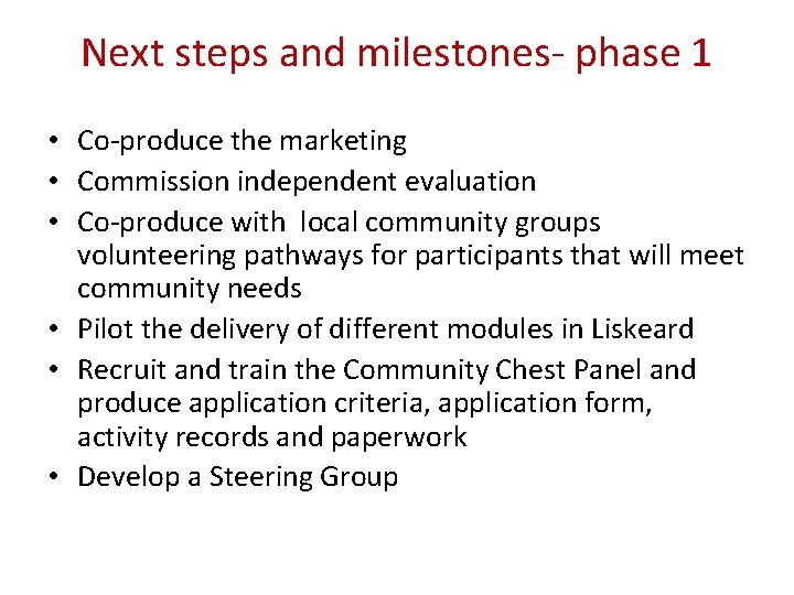 Next steps and milestones- phase 1 • Co-produce the marketing • Commission independent evaluation