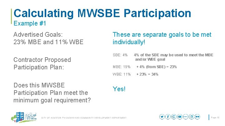 Calculating MWSBE Participation Example #1 Advertised Goals: 23% MBE and 11% WBE Contractor Proposed