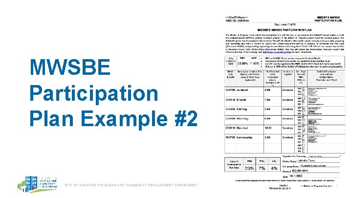 MWSBE Participation Plan Example #2 CITY OF HOUSTON ⋆ HOUSING AND COMMUNITY DEVELOPMENT DEPARTMENT