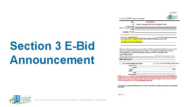 Section 3 E-Bid Announcement CITY OF HOUSTON ⋆ HOUSING AND COMMUNITY DEVELOPMENT DEPARTMENT 