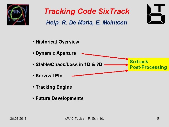 Tracking Code Six. Track Help: R. De Maria, E. Mc. Intosh • Historical Overview