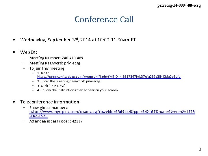 privecsg-14 -0004 -00 -ecsg Conference Call • Wednesday, September 3 rd, 2014 at 10: