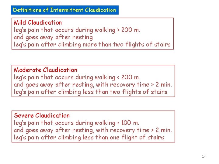 Definitions of Intermittent Claudication Mild Claudication leg’s pain that occurs during walking > 200