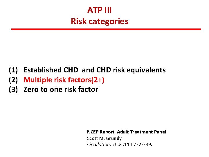ATP III Risk categories (1) Established CHD and CHD risk equivalents (2) Multiple risk