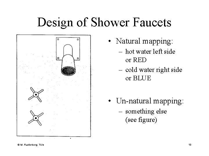 Design of Shower Faucets • Natural mapping: – hot water left side or RED