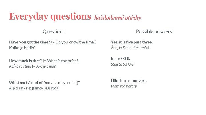 Everyday questions každodenné otázky Questions Have you got the time? (= Do you know