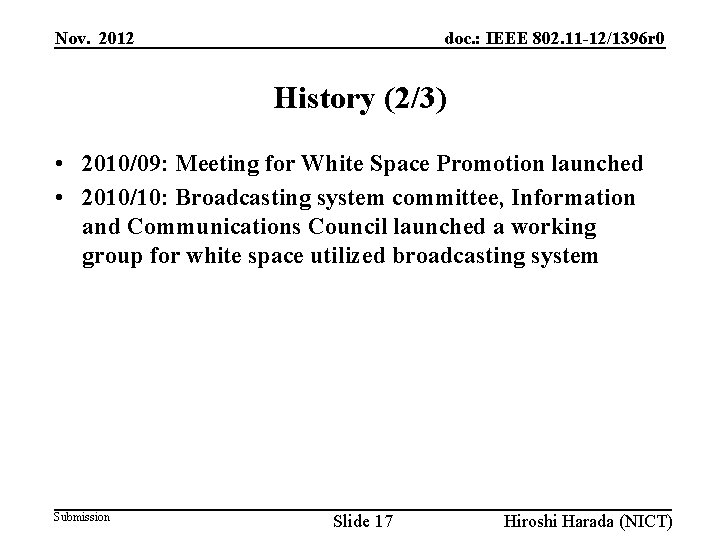 Nov. 2012 doc. : IEEE 802. 11 -12/1396 r 0 History (2/3) • 2010/09: