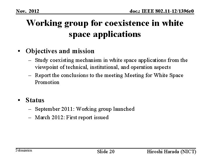 Nov. 2012 doc. : IEEE 802. 11 -12/1396 r 0 Working group for coexistence