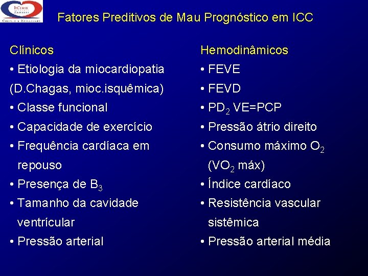 Fatores Preditivos de Mau Prognóstico em ICC Clínicos Hemodinâmicos • Etiologia da miocardiopatia •