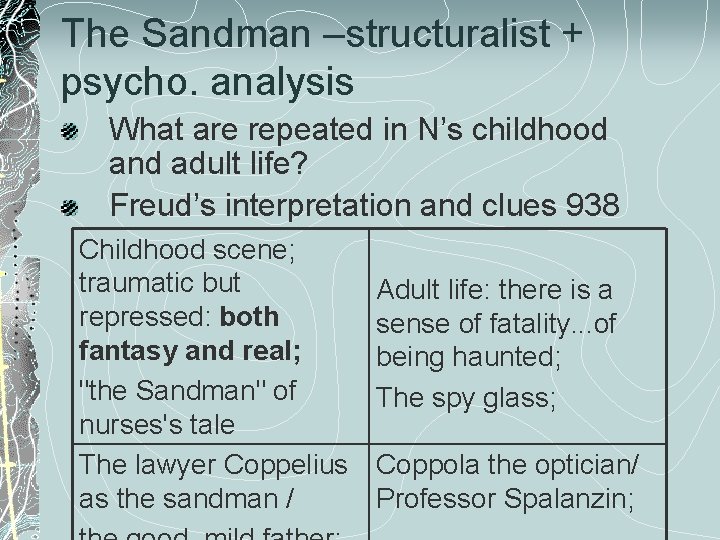 The Sandman –structuralist + psycho. analysis What are repeated in N’s childhood and adult