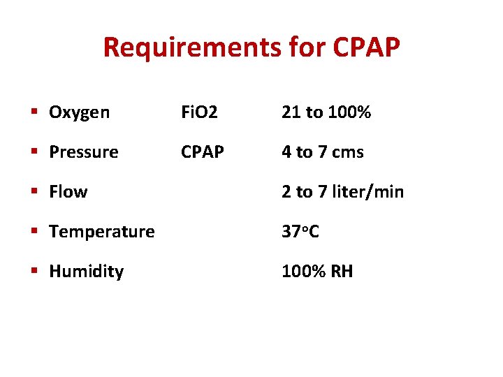 Requirements for CPAP § Oxygen Fi. O 2 21 to 100% § Pressure CPAP