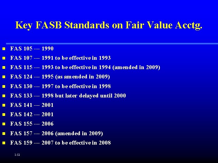 Key FASB Standards on Fair Value Acctg. n FAS 105 --- 1990 n FAS