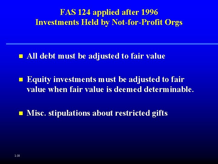 FAS 124 applied after 1996 Investments Held by Not-for-Profit Orgs n All debt must