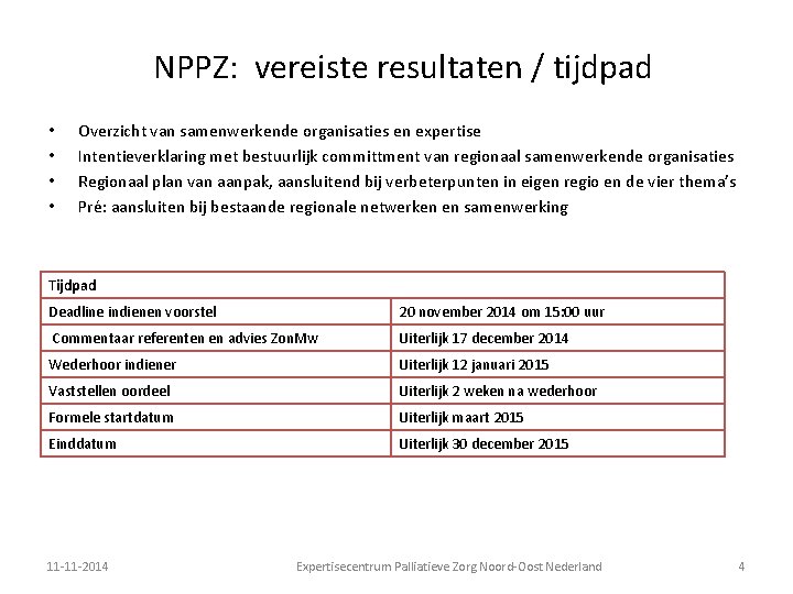 NPPZ: vereiste resultaten / tijdpad • • Overzicht van samenwerkende organisaties en expertise Intentieverklaring