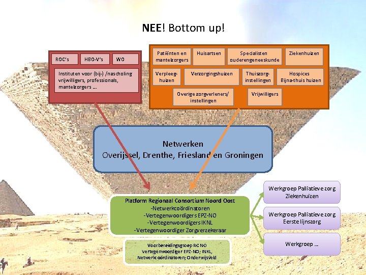 NEE! Bottom up! ROC’s HBO-V’s Patiënten en mantelzorgers WO Instituten voor (bij-) /nascholing vrijwilligers,