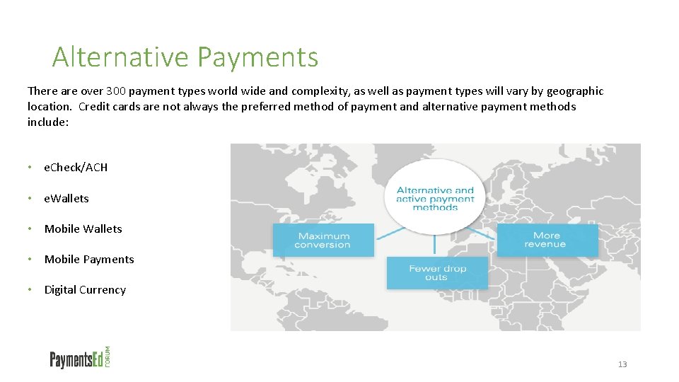 Alternative Payments There are over 300 payment types world wide and complexity, as well