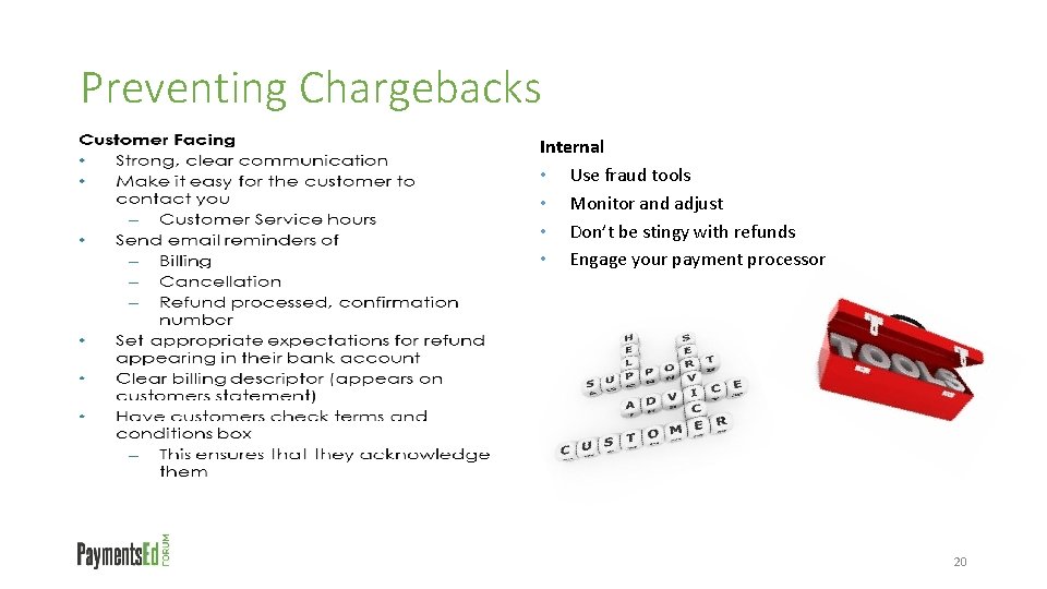 Preventing Chargebacks Internal • Use fraud tools • Monitor and adjust • Don’t be