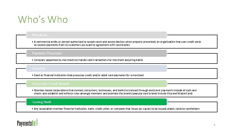 Who’s Who Merchant • A commercial entity or person authorized to accept cards and