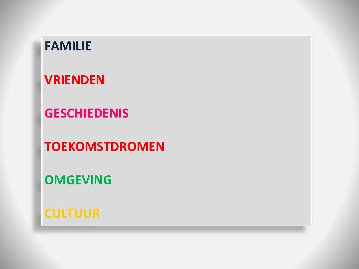 FAMILIE VRIENDEN GESCHIEDENIS TOEKOMSTDROMEN OMGEVING CULTUUR 