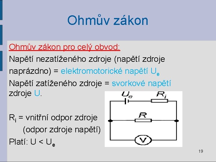 Ohmův zákon pro celý obvod: Napětí nezatíženého zdroje (napětí zdroje naprázdno) = elektromotorické napětí