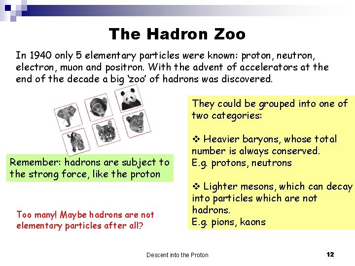 The Hadron Zoo In 1940 only 5 elementary particles were known: proton, neutron, electron,