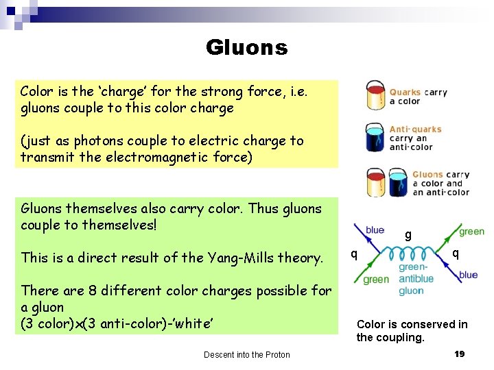 Gluons Color is the ‘charge’ for the strong force, i. e. gluons couple to