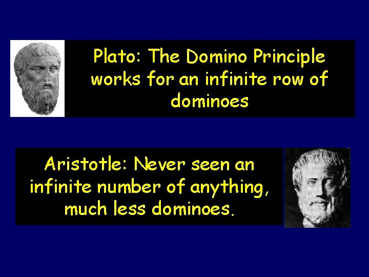 Plato: The Domino Principle works for an infinite row of dominoes Aristotle: Never seen