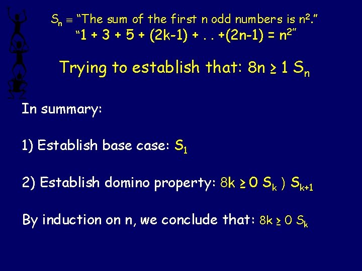 Sn “The sum of the first n odd numbers is n 2. ” “