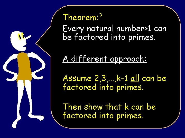 Theorem: ? Every natural number>1 can be factored into primes. A different approach: Assume
